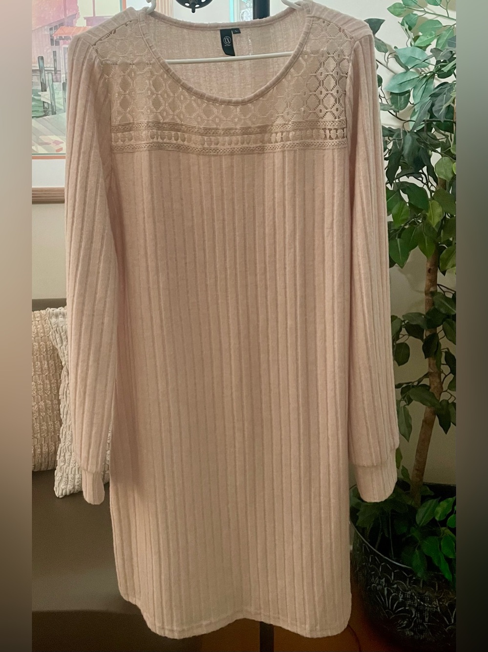Long-Sleeve Ribbed Knit Dress with Lace Yoke - Blush